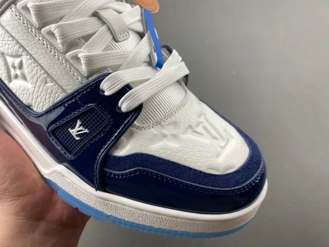 Louis Vuitton LV Trainer White Navy Layered Leather And Patent Construction Monogram Embossing Lifestyle Sneakers 2