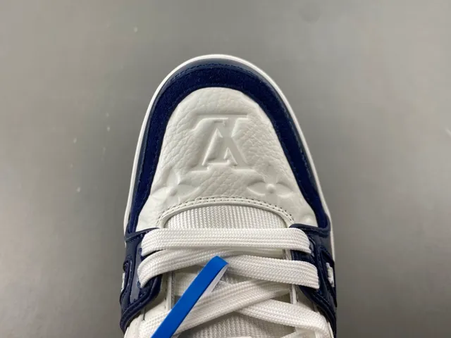 Louis Vuitton LV Trainer White Navy Layered Leather And Patent Construction Monogram Embossing Lifestyle Sneakers 5