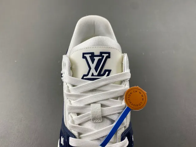 Louis Vuitton LV Trainer White Navy Layered Leather And Patent Construction Monogram Embossing Lifestyle Sneakers 6