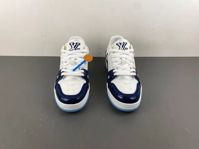 Louis Vuitton LV Trainer White Navy Layered Leather And Patent Construction Monogram Embossing Lifestyle Sneakers 11
