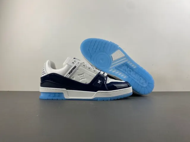 Louis Vuitton LV Trainer White Navy Layered Leather And Patent Construction Monogram Embossing Lifestyle Sneakers 12