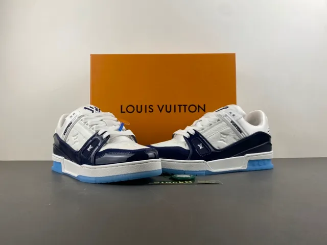 Louis Vuitton LV Trainer White Navy Layered Leather And Patent Construction Monogram Embossing Lifestyle Sneakers 13