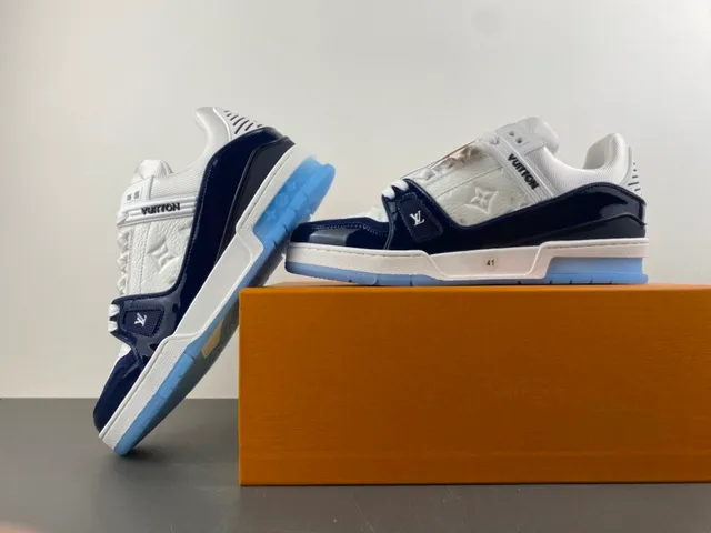 Louis Vuitton LV Trainer White Navy Layered Leather And Patent Construction Monogram Embossing Lifestyle Sneakers 14