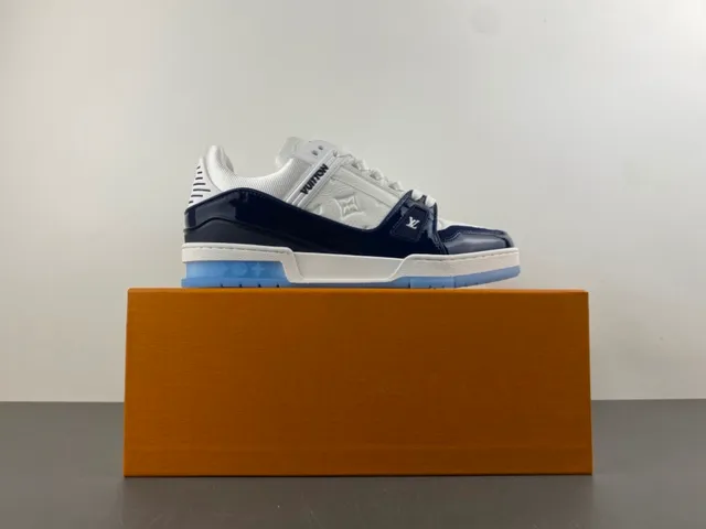 Louis Vuitton LV Trainer White Navy Layered Leather And Patent Construction Monogram Embossing Lifestyle Sneakers 15