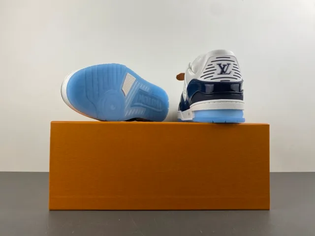 Louis Vuitton LV Trainer White Navy Layered Leather And Patent Construction Monogram Embossing Lifestyle Sneakers 16