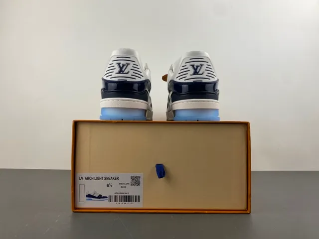 Louis Vuitton LV Trainer White Navy Layered Leather And Patent Construction Monogram Embossing Lifestyle Sneakers 17