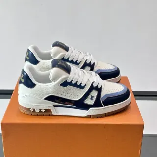 Louis Vuitton LV Trainer Blanco Marino Cuero En Capas Punta Perforada Zapatillas Lifestyle