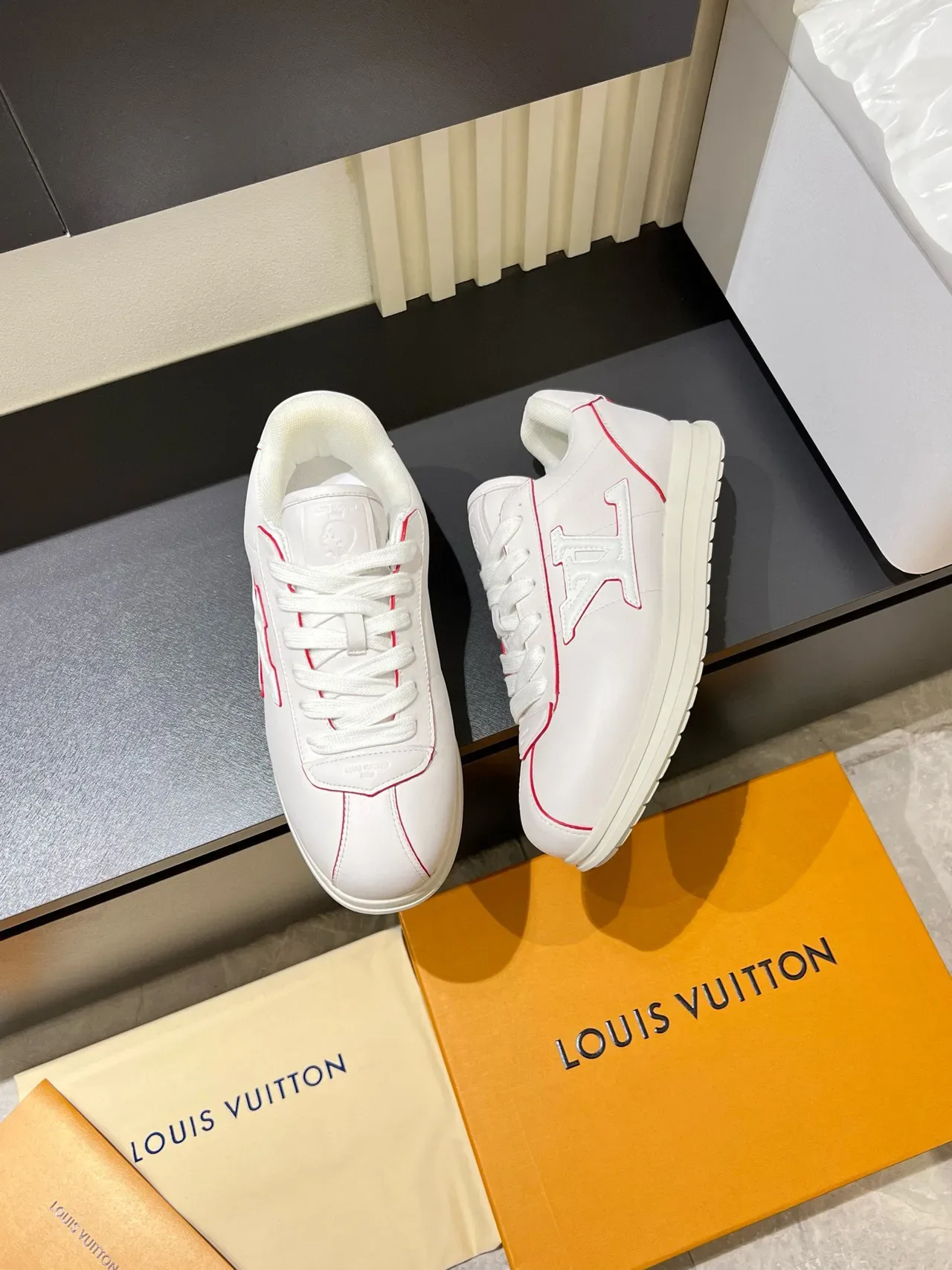 Louis Vuitton LV Trainer White Red Leather Upper Contrast Piping Lifestyle Sneakers 3