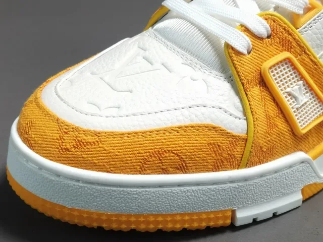 Louis Vuitton LV Trainer Yellow White Layered Monogram Textile Asymmetrical Strap Detail Lifestyle Sneakers 8