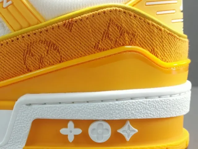 Louis Vuitton LV Trainer Yellow White Layered Monogram Textile Asymmetrical Strap Detail Lifestyle Sneakers 10