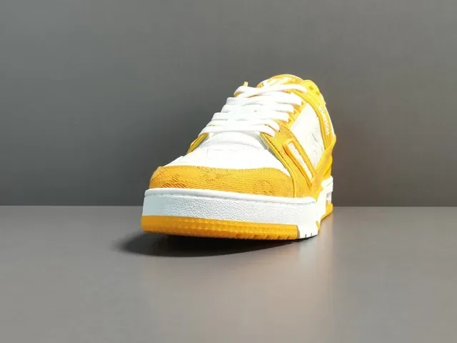 Louis Vuitton LV Trainer Yellow White Layered Monogram Textile Asymmetrical Strap Detail Lifestyle Sneakers 14