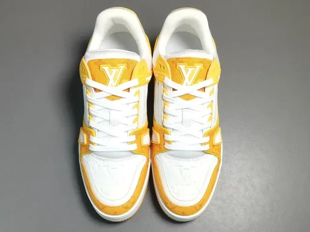 Louis Vuitton LV Trainer Yellow White Layered Monogram Textile Asymmetrical Strap Detail Lifestyle Sneakers 15