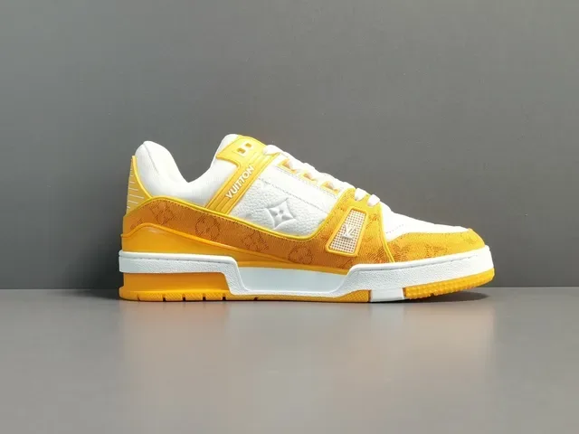 Louis Vuitton LV Trainer Yellow White Layered Monogram Textile Asymmetrical Strap Detail Lifestyle Sneakers 17