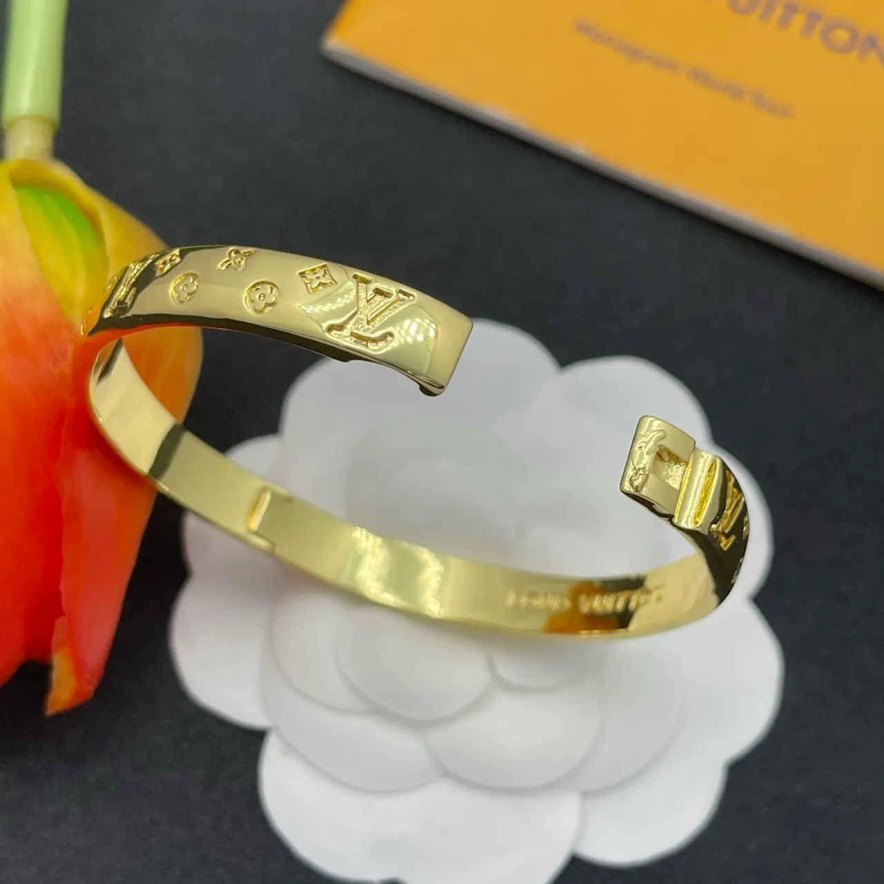 Louis Vuitton Monogram Bangle Gold Polished Engraved Bracelet 4