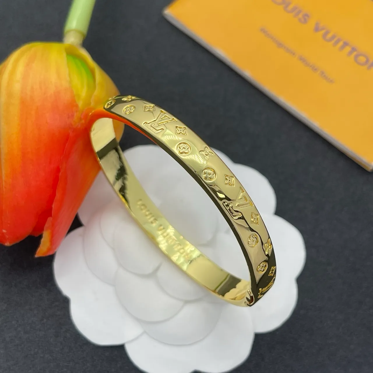 Louis Vuitton Monogram Bangle Gold Polished Engraved Bracelet 6