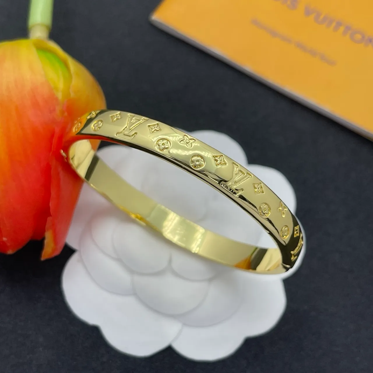 Louis Vuitton Monogram Bangle Gold Polished Engraved Bracelet 7