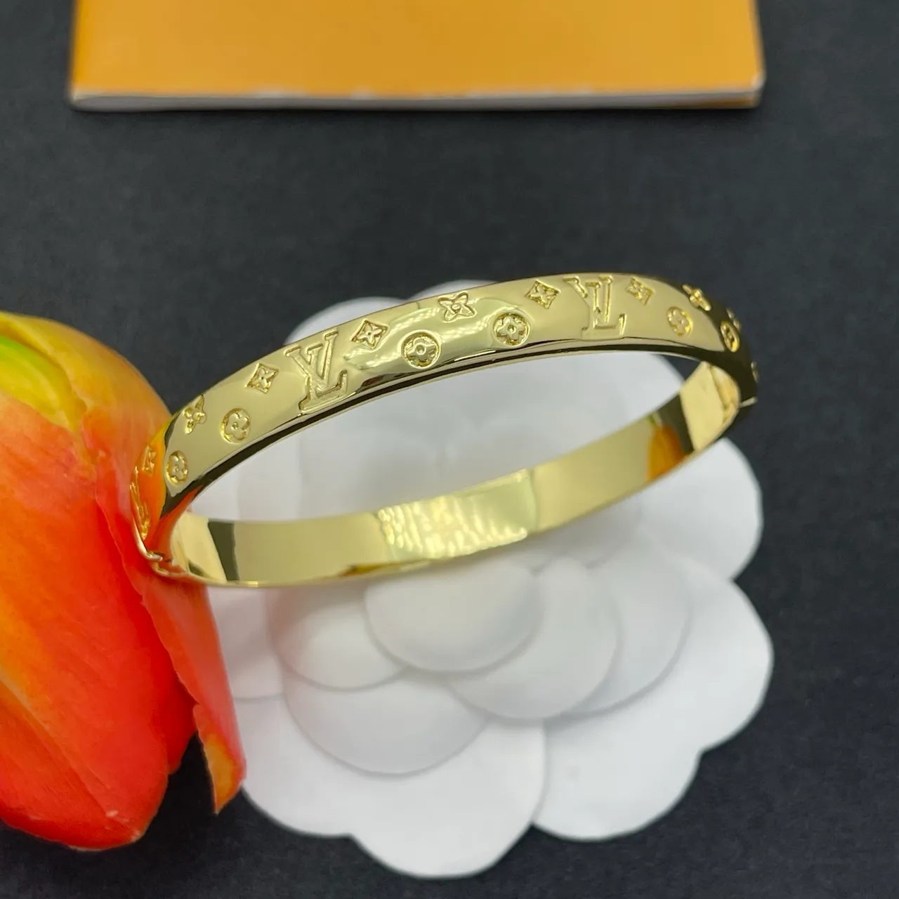 Louis Vuitton Monogram Bangle Gold Polished Engraved Bracelet 8
