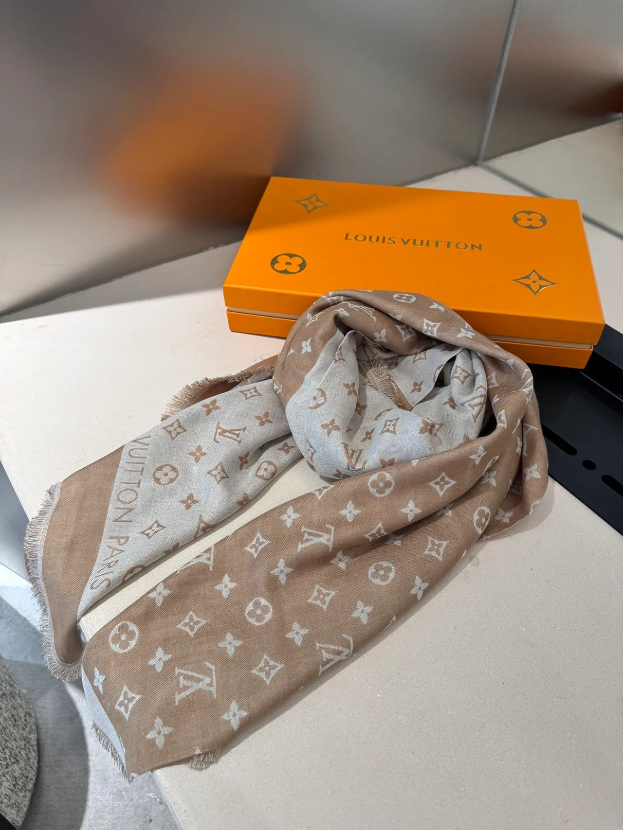Louis Vuitton Monogram Beige and White Silk Scarf 7