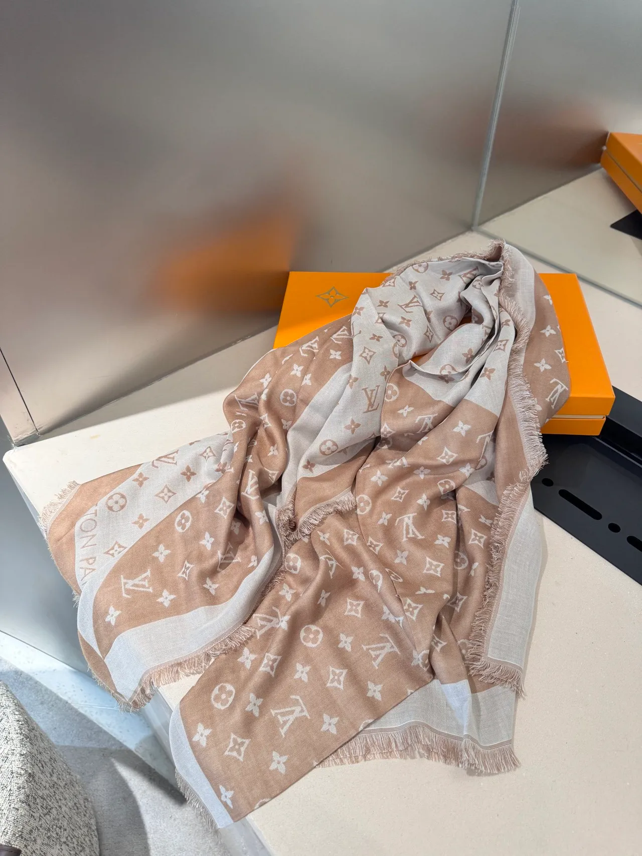 Louis Vuitton Monogram Beige and White Silk Scarf 8