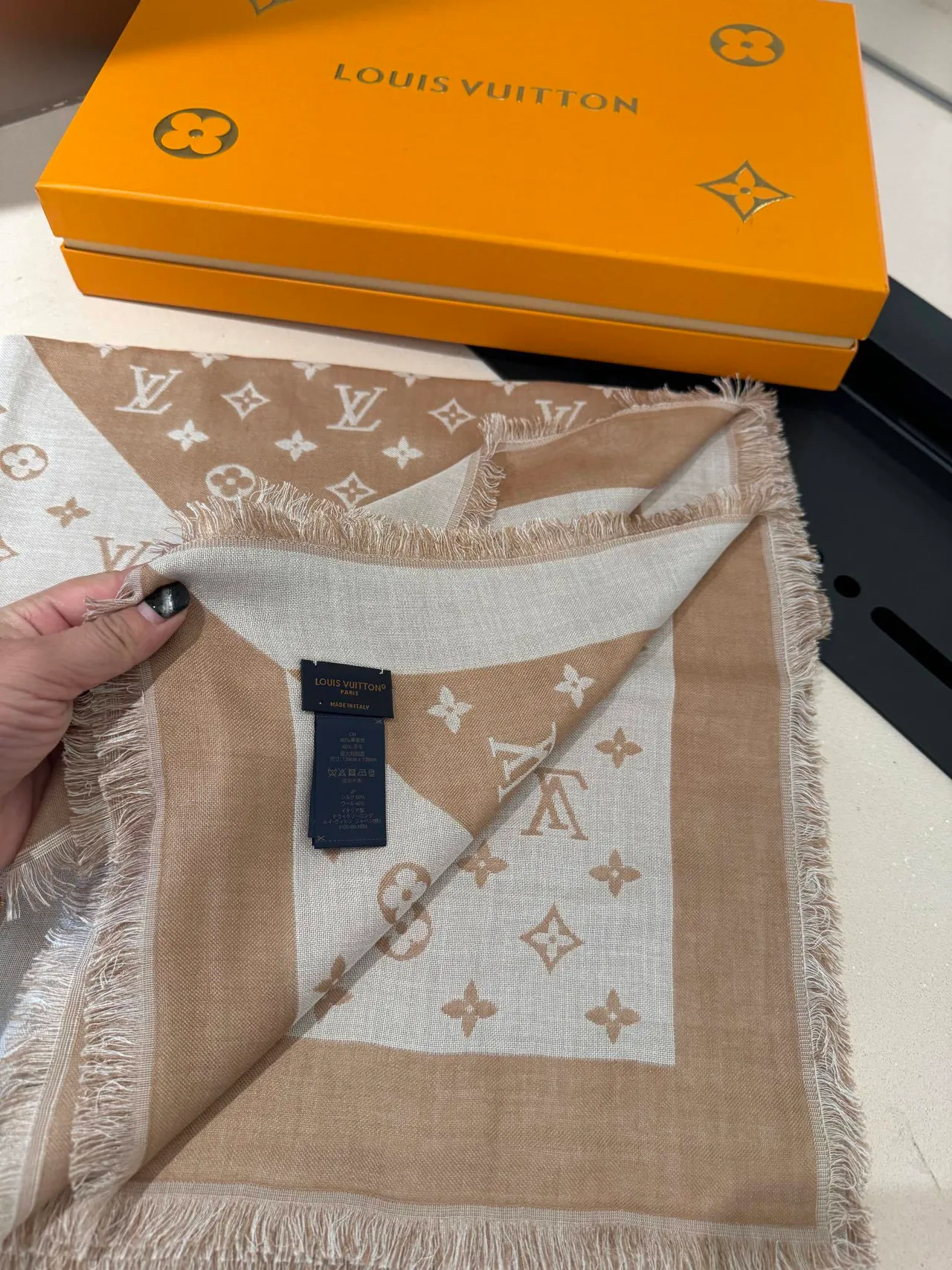 Louis Vuitton Monogram Beige and White Silk Scarf 9