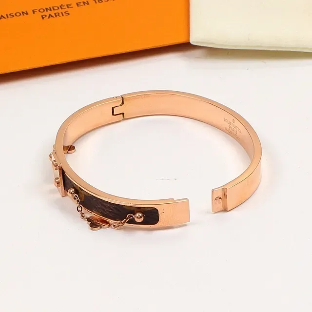 Louis Vuitton Monogram Canvas Bangle Brown Gold Rigid Inset Bracelet 2