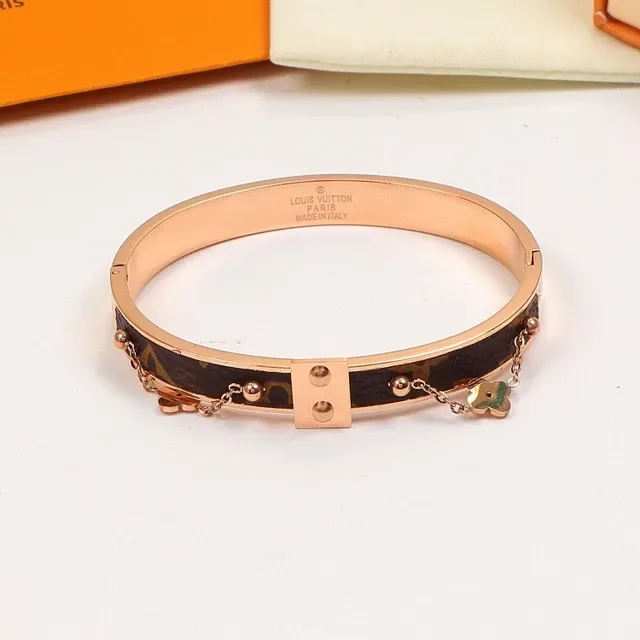 Louis Vuitton Monogram Canvas Bangle Brown Gold Rigid Inset Bracelet 3