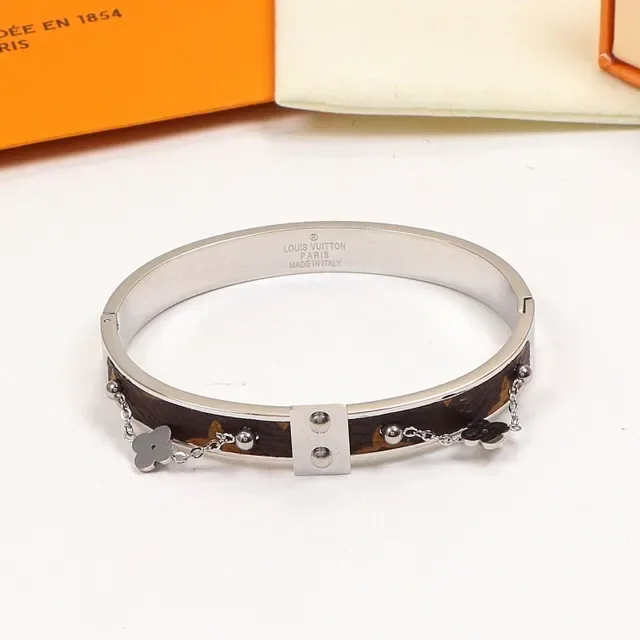 Louis Vuitton Monogram Canvas Bangle Brown Gold Rigid Inset Bracelet 4