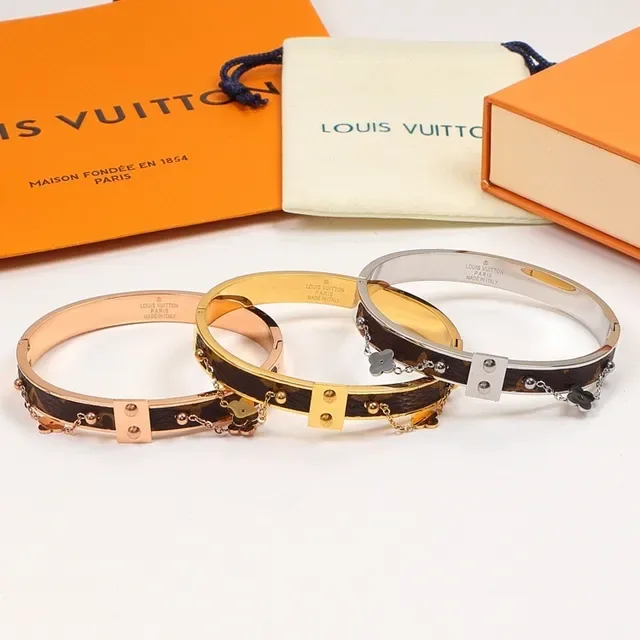 Louis Vuitton Monogram Canvas Bangle Brown Gold Rigid Inset Bracelet 6