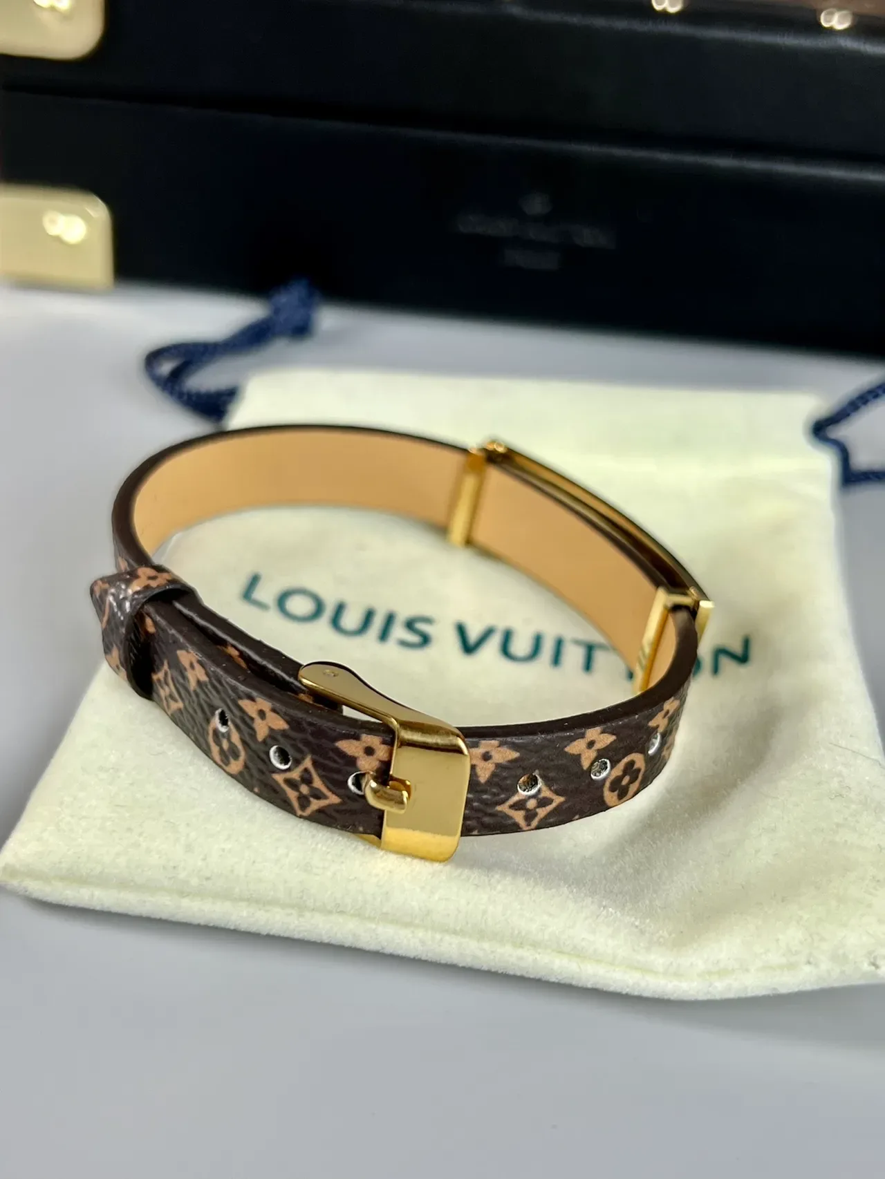 Louis Vuitton Monogram Canvas Bracelet Brown Gold Plaque Bracelet 3