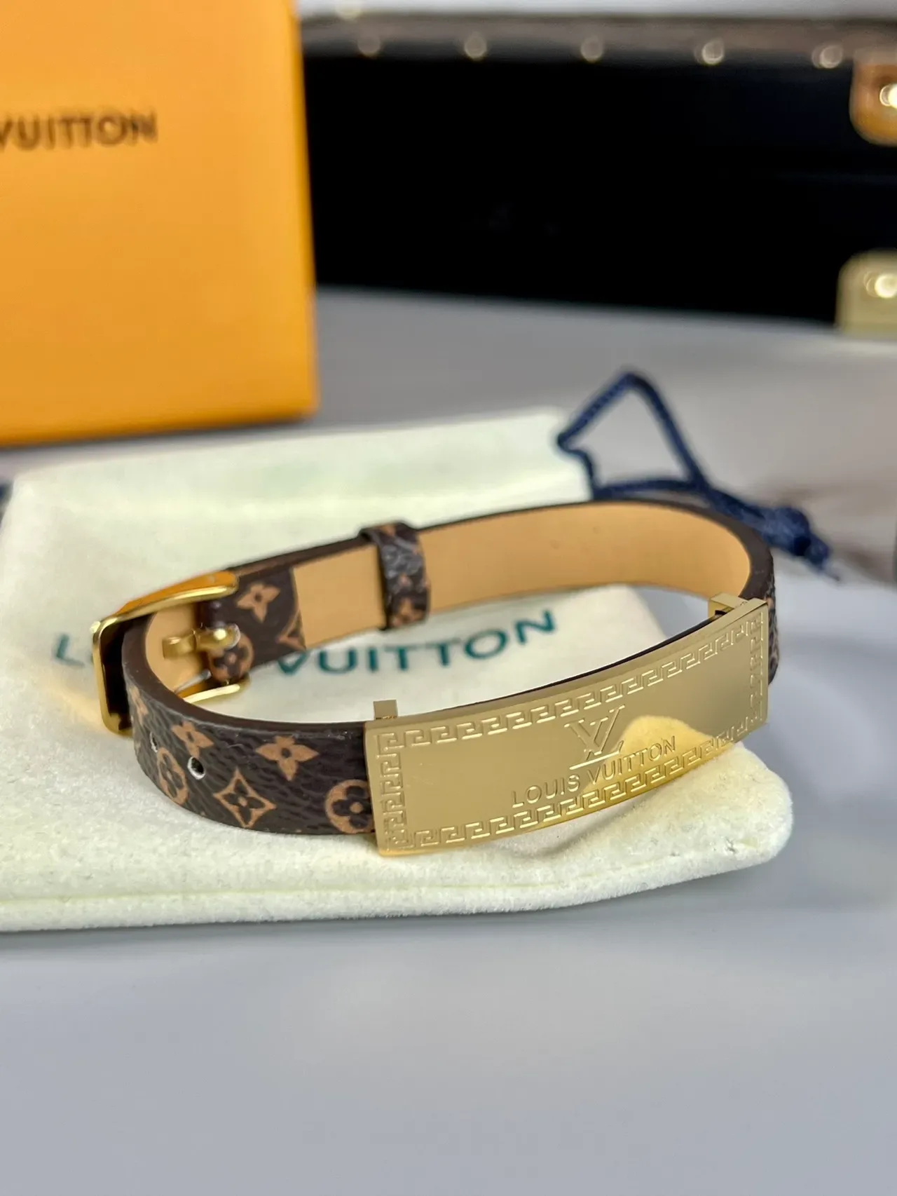 Louis Vuitton Monogram Canvas Bracelet Brown Gold Plaque Bracelet 5