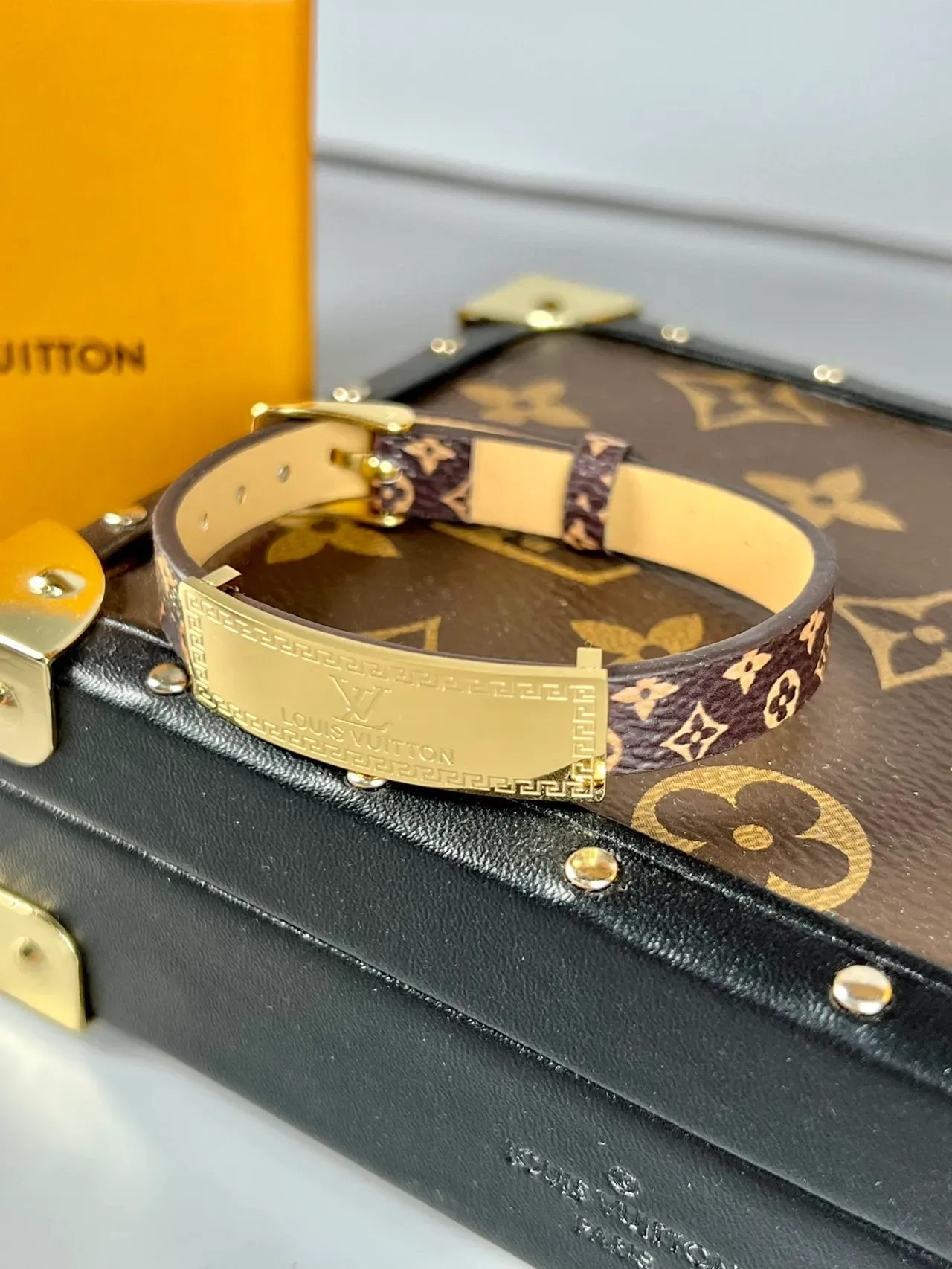 Louis Vuitton Monogram Canvas Bracelet Brown Gold Plaque Bracelet 6