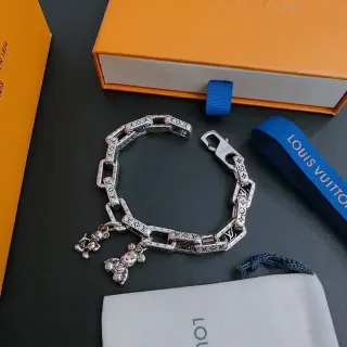 Louis Vuitton Monogram Chain Silver Blue Chunky Link Engraved Bracelet