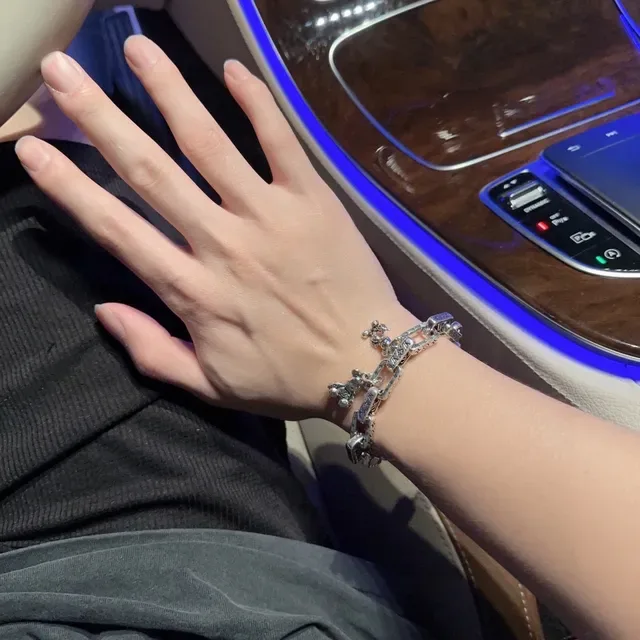 Louis Vuitton Monogram Chain Silver Blue Chunky Link Engraved Bracelet 4