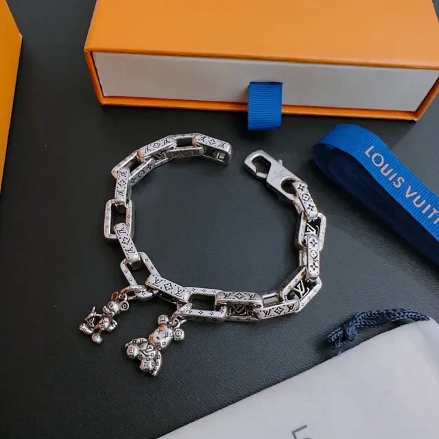 Louis Vuitton Monogram Chain Silver Blue Chunky Link Engraved Bracelet 6