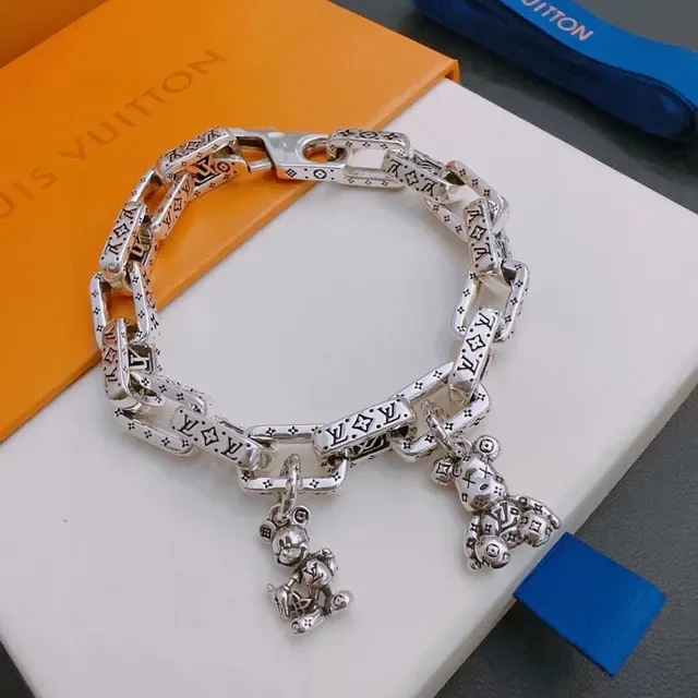Louis Vuitton Monogram Chain Silver Blue Chunky Link Engraved Bracelet 9