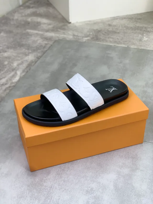 Louis Vuitton Monogram Embossed Double-Strap Slide Black White Slippers 3