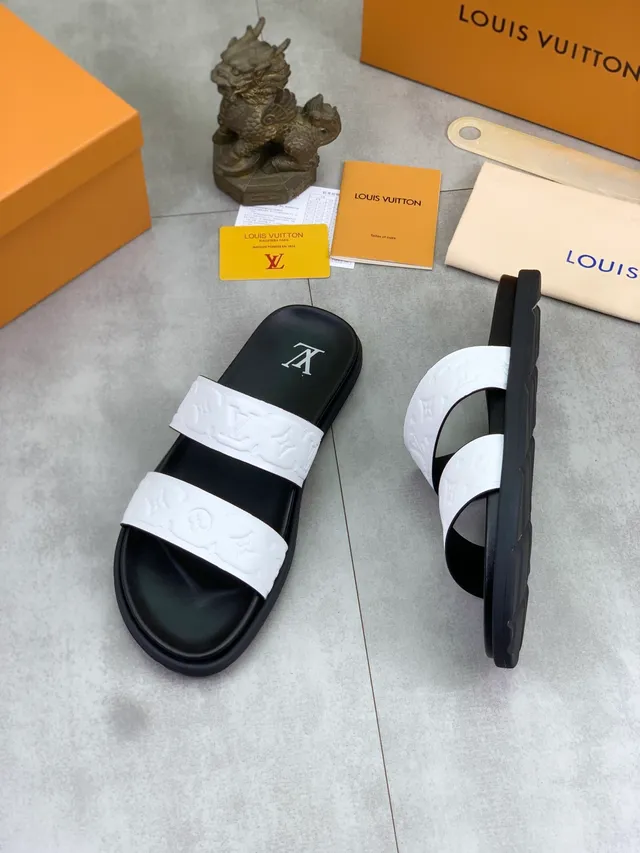 Louis Vuitton Monogram Embossed Double-Strap Slide Black White Slippers 4
