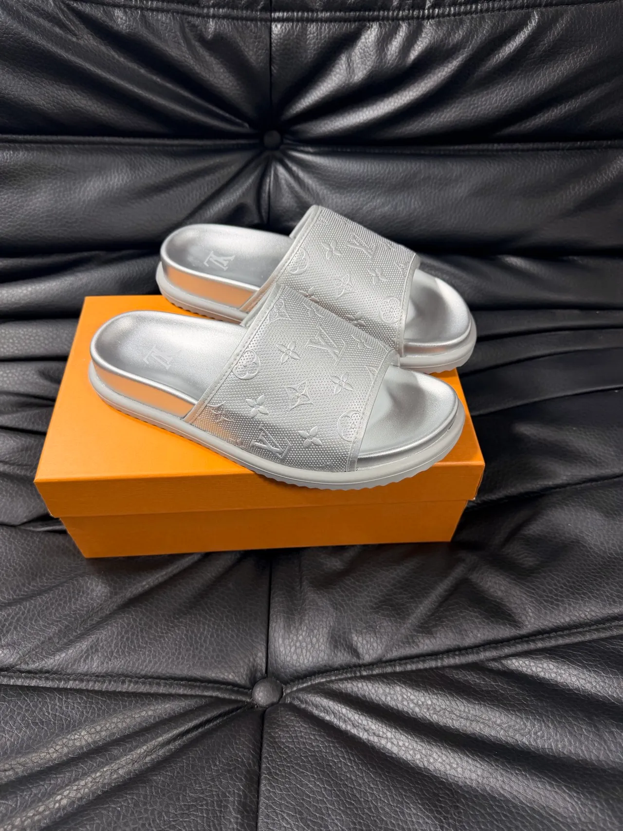 Louis Vuitton Monogram-Embossed Metallic Silver Slippers 3