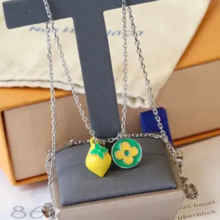 Louis Vuitton Monogram Flower and Fruit Charms Yellow Green Enamel Silver-Tone Chain Necklace