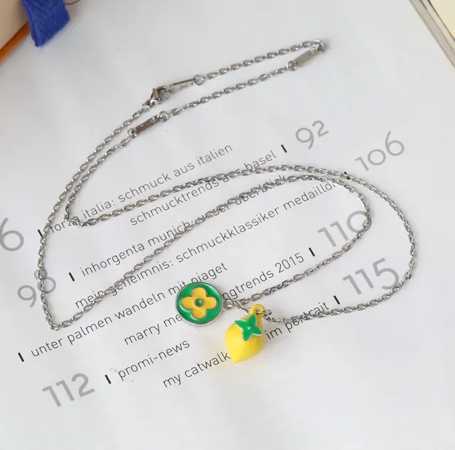 Louis Vuitton Monogram Flower and Fruit Charms Yellow Green Enamel Silver-Tone Chain Necklace 7