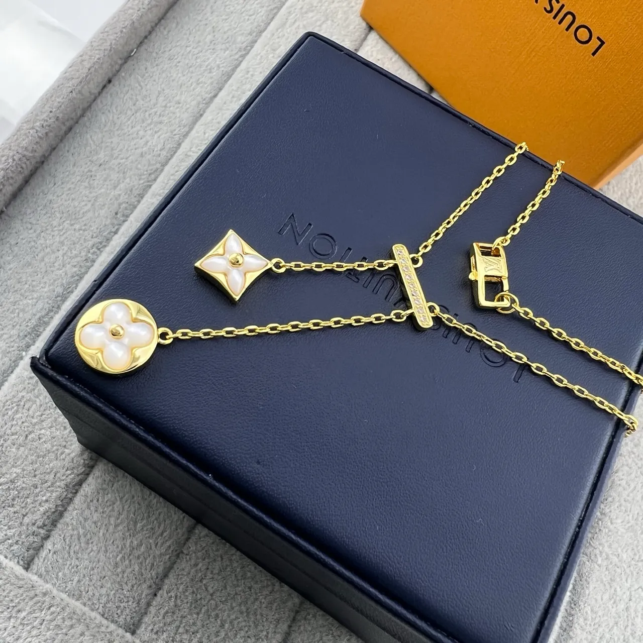 Louis Vuitton Monogram Flower and T-Bar Gold Silver Floral Quatrefoil Pendants Rectangular Pavé Necklace 3