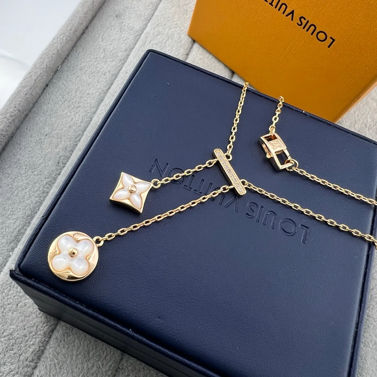 Louis Vuitton Monogram Flower and T-Bar Gold Silver Floral Quatrefoil Pendants Rectangular Pavé Necklace 5
