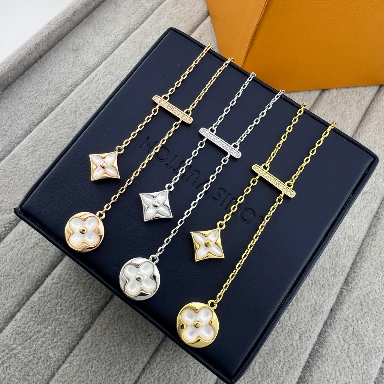 Louis Vuitton Monogram Flower and T-Bar Gold Silver Floral Quatrefoil Pendants Rectangular Pavé Necklace 6