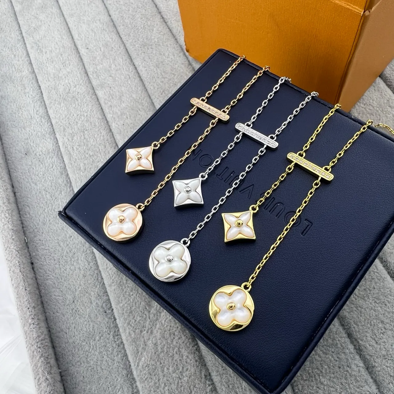 Louis Vuitton Monogram Flower and T-Bar Gold Silver Floral Quatrefoil Pendants Rectangular Pavé Necklace 8