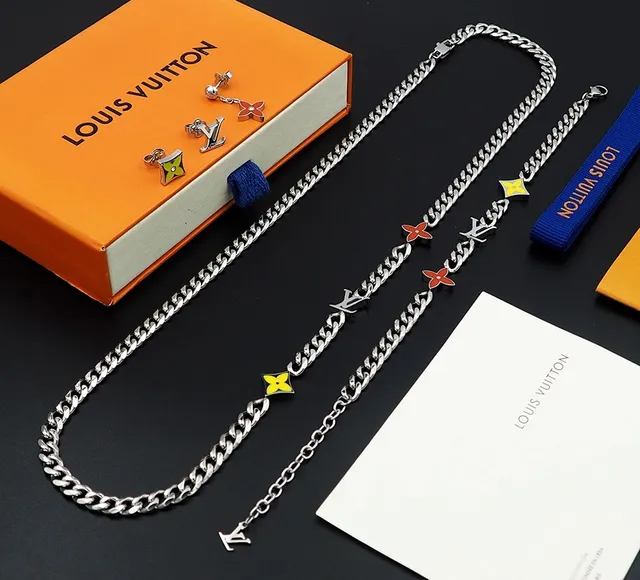 Louis Vuitton Monogram Flower Gold Blue Curb-Link Chain Enamel LV Charms Necklace 2