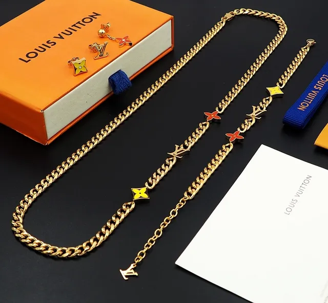 Louis Vuitton Monogram Flower Gold Blue Curb-Link Chain Enamel LV Charms Necklace 3