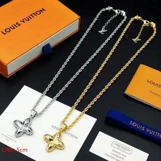 Louis Vuitton Monogram Flower Silver Gold Four-Petal Floral Pendant Rope Chain Necklace