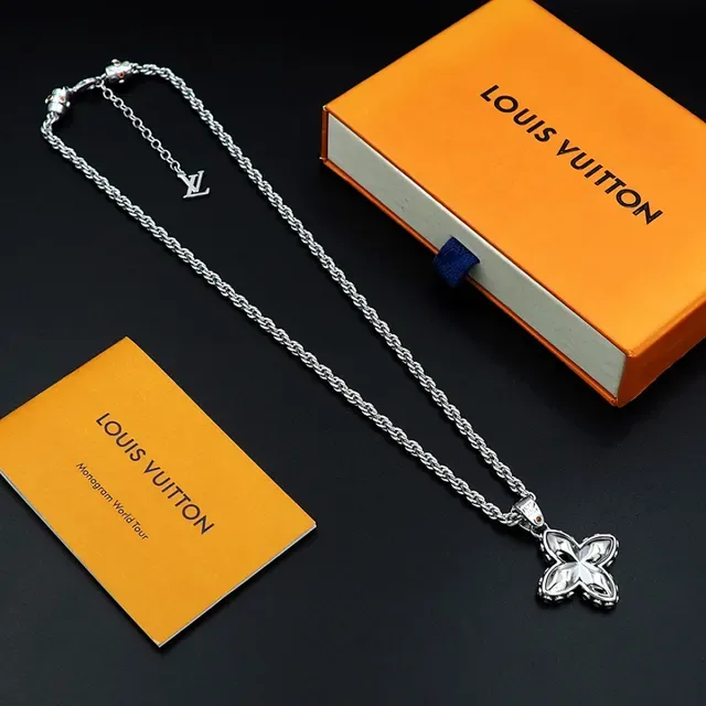 Louis Vuitton Monogram Flower Silver Gold Four-Petal Floral Pendant Rope Chain Necklace 7