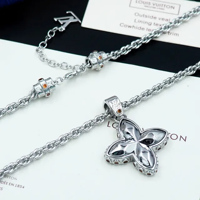 Louis Vuitton Monogram Flower Silver Gold Four-Petal Floral Pendant Rope Chain Necklace 8