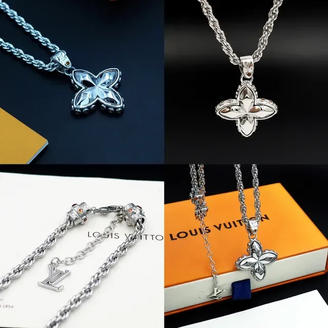 Louis Vuitton Monogram Flower Silver Gold Four-Petal Floral Pendant Rope Chain Necklace 11